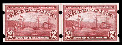 373, 2c Hudson-Fulton imperforate, Brinkerhoff Ty. II perforations, scarce guide line pair, o.g., very fine.