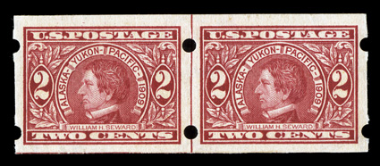 371, 2c Alaska-Yukon imperforate, Brinkerhoff Ty. IIa perforations, select guide line pair, fresh and intact, o.g., l.h., extremely fine.