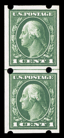 408, 1c Green imperforate, Brinkerhoff Ty. IIa perforations, fresh guide line pair, crisp and intact, o.g., n.h., very fine 1979 PF certificate.