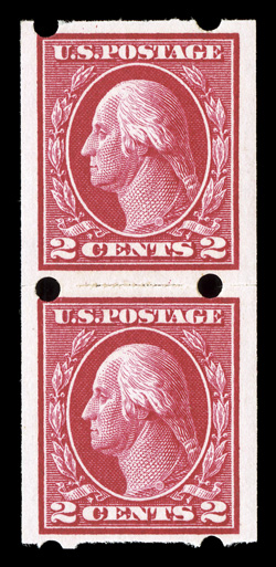 409, 2c Carmine imperforate, Brinkerhoff Ty. IIa perforations, post office fresh pair, intense color, strong and intact, o.g., n.h., very fine 1979 PF certificate
ex-Agris.