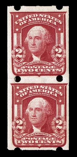 320a, 2c Lake imperforate, Brinkerhoff Ty. IIb perforations, scarce pair, o.g., l.h., very fine for this.