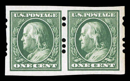 383, 1c Green imperforate, Farwell 2B3 perforations, 2mm spacing, an especially handsome and choice pair, excellent centering and wide margins, o.g., n.h., an extremely fine
gem rarely found in this outstanding quality.