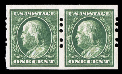 383, 1c Green imperforate, Farwell 3A2 perforations, 2mm spacing, post office fresh pair, precisely centered and large margins, o.g., n.h., extremely fine.