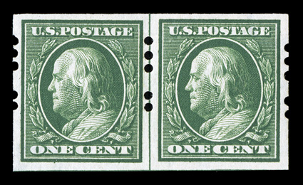 383, 1c Green imperforate, Farwell 3A2 perforations, 2mm spacing, an exceedingly scarce guide line pair, fresh and well centered, o.g., l.h., choice very fine.