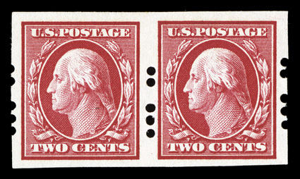 384, 2c Carmine imperforate, Farwell 2A3 perforations, 3mm spacing, pair, large margins, intense color, o.g., choice very fine 3mm spacing pairs are surprisingly
scarce.