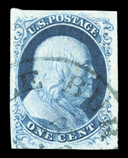 8A, 1c Blue, Ty. IIIa, an exceedingly choice used single, featuring a wonderful overall freshness and brilliance that belies its age, with deep prooflike color and impression on
the whitest paper imaginable, four exceptionally large margins, lig
