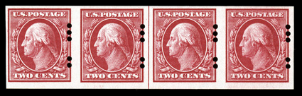 384, 2c Carmine imperforate, Farwell 3B2 perforations, 3mm spacing, guide line strip of four, showing the perforations shifted to the left, rich fiery color, o.g., l.h. on the
end stamps only, the line pair n.h., fine for this guide line pair