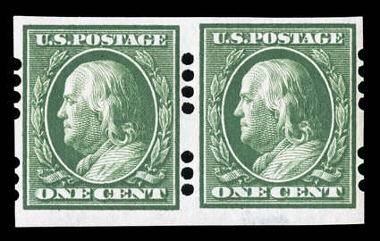 383, 1c Green imperforate, Farwell 4B3 perforations, 2mm spacing, select pair, well centered and fresh, unblemished o.g., n.h., very fine.
