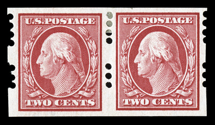 384, 2c Carmine imperforate, Farwell 4B3 perforations, 3mm spacing, pair, remarkably well centered and large even margins, o.g., light h.r., extremely fine.