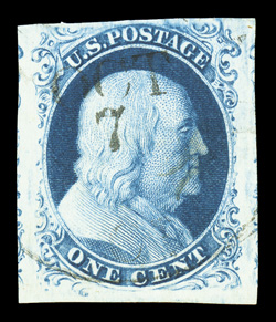 8A, 1c Blue, Ty. IIIa, a highly desirable used example, showing a very large break at top, with four margins ranging from enormous on three sides to quite ample at top,
luxuriantly fresh color accented by a razor-sharp impression on crisp white
