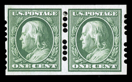 343, 1c Green imperforate, Farwell 4A4 perforations, 2mm spacing, pair, fresh and well centered, o.g., very fine.