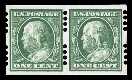 343, 1c Green imperforate, Farwell 4B4 perforations, 2mm spacing, select pair, excellent centering and margins, o.g., l.h., fresh and choice very fine.