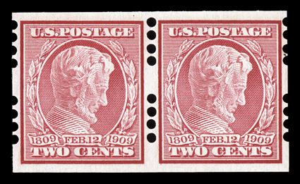 368, 2c Lincoln imperforate, Farwell 4A4 perforations, 2mm spacing, choice pair, precisely centered, bright and fresh, o.g., l.h., extremely fine an elusive pair which is
missing from even the most advanced collections of vending coils.