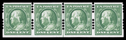 383, 1c Green imperforate, Farwell 4B4 perforations, 2mm spacing, a premium quality guide line strip of four, remarkably well centered throughout, post office fresh, pristine
o.g., n.h., extremely fine 1991 PF certificate.
