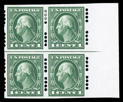 408, 1c Green imperforate, Farwell 4A4 and 4B4 perforations, right margin arrow block of four, the top pair with 4B4 perforations and the bottom pair with 4A4 perforations,
incredibly well centered, deep rich color, o.g., light h.r. at top, bott