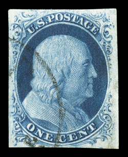 8A, 1c Blue, Ty. IIIa, four mostly large margins all around, strong rich color and sharp impression, light town cancel, extremely fine 1985 PF certificate.