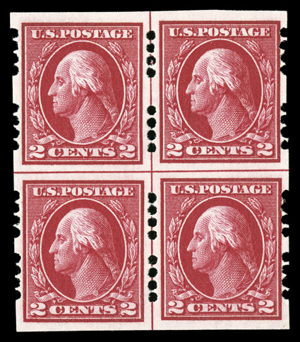 409, 2c Carmine imperforate, Farwell 4A4 and 4B4 perforations, a truly amazing  center line block of four, the top pair with 4B4 perforations and the bottom pair with 4A4
perforations, excellent centering and margins, eye-catching intense co