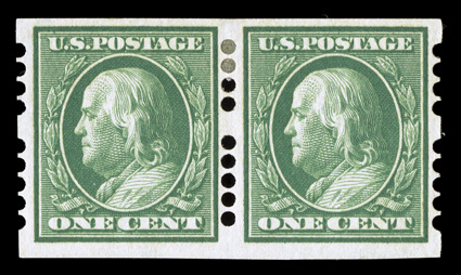 383, 1c Green imperforate, Farwell 4A5 perforations, 2mm spacing, pair, well centered, o.g., minor h.r., pencil notation on gum, very fine and quite scarce.