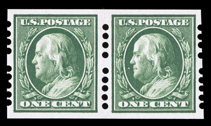 383, 1c Green imperforate, Farwell 4A5 perforations, 3mm spacing, beautifully centered pair, large margins, deep rich color, o.g., extremely fine.