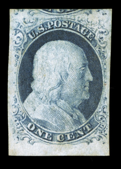 9, 1c Blue, Ty. IV, position 96R1L (which shows distinct plate bruises), a desirable mint single, with mostly enormous margins all around including a sheet margin at bottom and
a portion of the adjoining stamp at top, deep color, full original g
