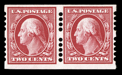 384, 2c Carmine imperforate, Farwell 4A5 perforations, 3mm spacing, pair, o.g., h.r., nearly very fine and scarce.