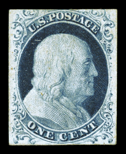 9, 1c Blue, Ty. IV, three full to large margins, a bit close at top, deep color, large part o.g. (recent certificate simply states previously hinged), very fine 1977 and 2004 PF
certificates.
