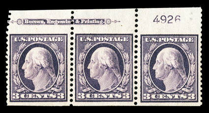 345, 3c Deep violet imperforate, Ty. I, International Vending Machine perforations 12½, a sensational top margin imprint and plate no. 4926 strip of three, featuring truly
outstanding centering for this difficult coil, quite fresh, crisp and int