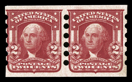 320a, 2c Lake imperforate, Mailometer Ty. I perforations, pair, intense color, o.g., l.h., fine.