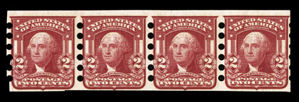 320a, 2c Lake imperforate, Mailometer Ty. I perforations, strip of four, deep rich color, o.g., h.r.s, nibbed perf. at left and blunted perfs. at right, otherwise fine-very
fine 1997 APS certificate ex-Agris.