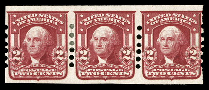 320a, 2c Lake imperforate, Mailometer Ty. I perforations, fresh strip of three, well centered and margined, o.g., h.r., right stamp n.h., fine-very fine.