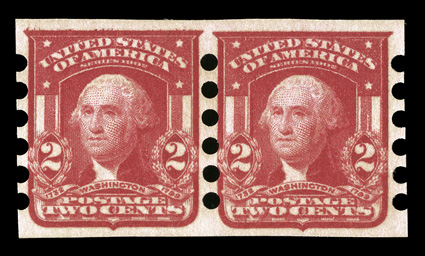 320b, 2c Scarlet imperforate, Ty. I, Mailometer Ty. I perforations, select pair, choice centering and margins, vivid rich color, o.g., l.h., very fine.