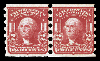 320b, 2c Scarlet imperforate, Mailometer Ty. II perforations, handsome pair of this scarce coil, remarkably well centered, vivid color, o.g., l.h., very fine.