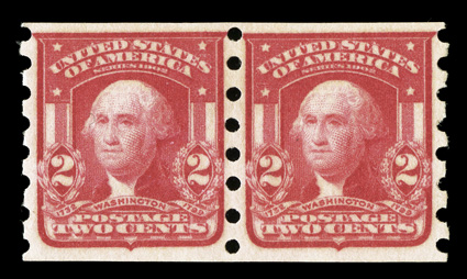 320b, 2c Scarlet imperforate, Mailometer Ty. III perforations, attractive pair, strong characteristic color on fresh paper, nicely centered, o.g., l.h., very fine and scarce
ex-Agris.