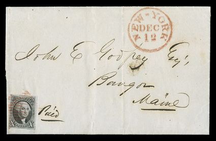 2, 10c Black, ample to large margins all around, rich color and fine impression, tied by red square grid to 1848 folded letter to Bangor, Maine, red New-YorkDec 12 c.d.s. at top
right, very fine.