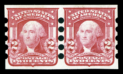 320, 2c Carmine imperforate, Mailometer Ty. IV perforations, pair showing some aniline in the ink which causes the color to bleed through onto the back side, precisely
centered, wonderfully fresh, o.g., barest possible trace of hinging (if at al