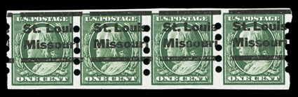 343, 1c Green imperforate, Mailometer Ty. IV perforations, strip of four showing mixed 2mm and 3mm spacing, bold St. LouisMissouri precancellation, choice margins and
centering, very fine-extremely fine.