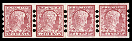 368, 2c Lincoln imperforate, Mailometer Ty. IV perforations, handsome and choice paste-up strip of four, with the paste-up at center and showing part imprint on the tab,
remarkably well centered and margined, o.g., l.h., extremely fine.