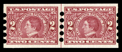 371, 2c Alaska-Yukon imperforate, Mailometer Ty. IV perforations, fresh guide line pair, attractively centered and large margins, unblemished o.g., n.h., very fine and
scarce.