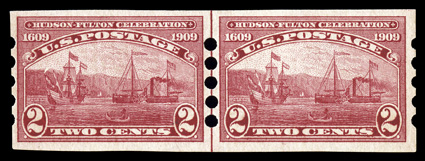 373, 2c Hudson-Fulton imperforate, Mailometer Ty. IV perforations, scarce guide line pair, well centered and margined, o.g., l.h., fresh and very fine.