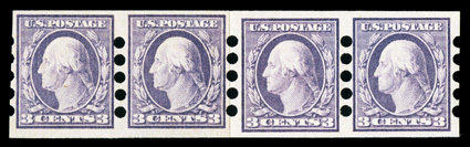483, 3c Violet, Ty. I, Mailometer Ty. IV perforations, a most unusual paste-up strip of four with the paste-up at center, containing plate no. 8137 on the tab, bright color,
well centered, o.g., l.h., very fine and choice paste-up strips are no