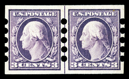 483, 3c Violet imperforate, Ty. I, Mailometer Ty. IV perforations, a very scarce guide line pair, beautifully centered, large margins, o.g., l.h., choice very fine and handsome
ex-Wampler.