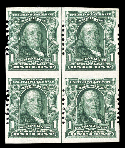 314, 1c Blue green imperforate, Schermack Ty. I perforations, eight holes, a very scarce block of four showing a vertical guide line at center, generous margins, deep rich
color, o.g., top stamps h.r.s, very fine multiples of Ty. I perforation