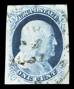 9, 1c Blue, Ty. IV, position 36R1L, recut once at top and once at bottom, select used single, featuring four extraordinarily large and well balanced margins, intensely rich
color, light 1857 dated c.d.s., extremely fine.