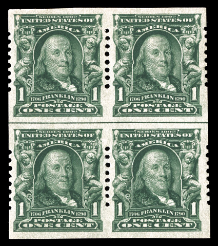 314, 1c Blue green imperforate, Schermack Ty. I perforations, eight holes, a very scarce block of four with horizontal guide line between the stamps, generous even margins,
o.g., h.r., very fine multiples of Ty. I perforations are rarely seen,