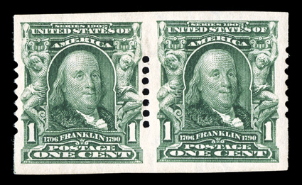 314, 1c Blue green imperforate, Schermack Ty. I perforations, seven holes, select pair, large margins all around, strong color, o.g., choice very fine and especially scarce
thus.