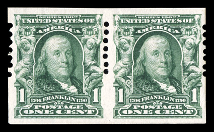 314, 1c Blue green imperforate, Schermack Ty. I perforations, seven holes, fresh pair, well centered and margined, o.g., n.h., gum crease, otherwise very fine rare never
hinged.