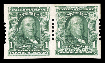 314, 1c Blue green imperforate, Schermack Ty. I perforations, six holes, handsome pair, choice centering and margins, o.g. which is a bit disturbed from hinge removal,
extremely fine.