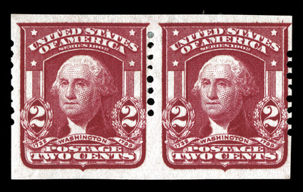 320a, 2c Lake imperforate, Schermack Ty. I perforations, eight holes, another pair, o.g., l.h., fresh and fine.