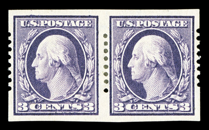 345, 3c Deep violet imperforate, Ty. I, Schermack Ty. I perforations, another rare pair, o.g., h.r., fine-very fine.