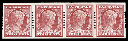 368, 2c Lincoln imperforate, Schermack Ty. I perforations, 7 holes, guide line strip of four with the guide line at center, showing mixed spacing with 3mm spacing at left and
2mm spacing at right, with the line pair being 2mm spacing as well, o.